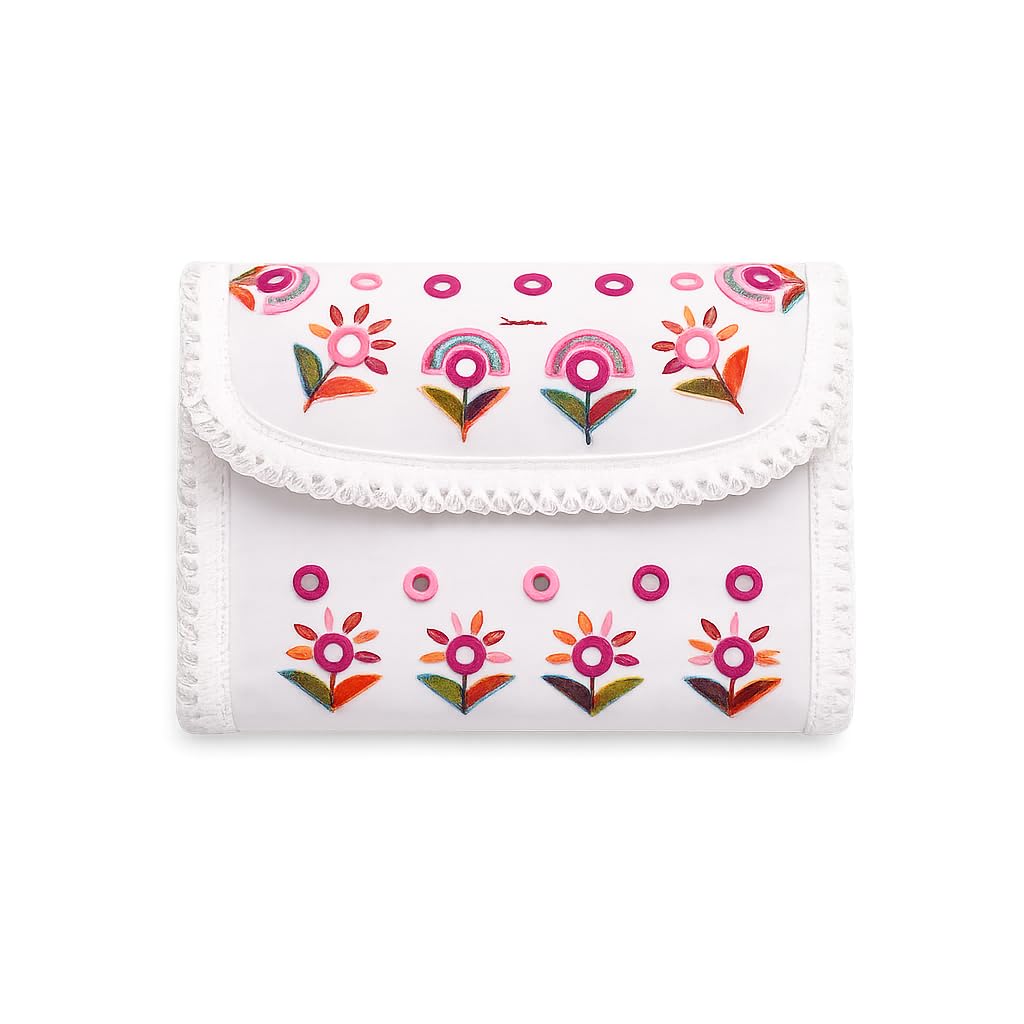 White Floral Embroidered Wallet with Scallop Edge Detail-picture-26