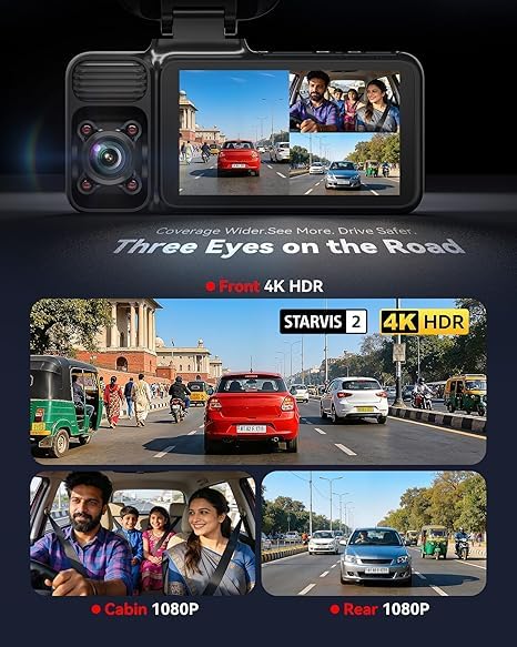 Image of REDTIGERS F17 Elite [2026 Edition] 4K 3 Channel Dash Cam, Triple STARVIS 2 Sensor(IMX678 /675 /662), 4K+2.5K+1080P, Full Night Color, 5.8GHz WiFi 6, GPS, HDR, Touch & Voice Control, 128GB Card Included