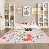 STARUIA Washable Pink Rugs for Girls Bedroom, 5x7 Soft Butterfly Rug Kids Rugs for Playroom Nursery, Non Slip Baby Toddler Carpet for Kids Room Daycare Tent Dorm Castle Indoor Decor