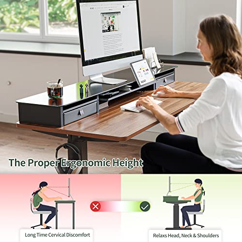 Fezibo Electric Standing Desk With Glass Top Monitor Stand,48 X 26 Inch Adjustable Sit Stand Up Table With Double Drawer, Sit Stand Desk With Storage Shelf, Black Frame/Black Walnut Top #TOP4