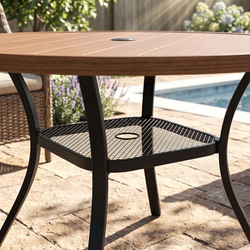 Image of VICLLAX Metal Outdoor Dining Table for 4, All Weather 40.7 inch Black Round Patio Table with Adjustable Umbrella Hole for Lawn, Garden, Balcony and Poolsides, Walnut Wood Grain Tabletop