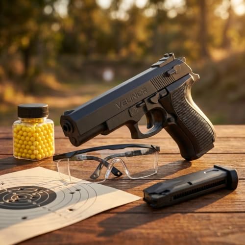 Image of VELINOR Pull-Back Action Toy P729 Gun with 200 BB Bullets | Long Range Shooting Pistol for Kids & Adults | Removable Magazine | Strong Spring Power | Safe Plastic BB Pellets