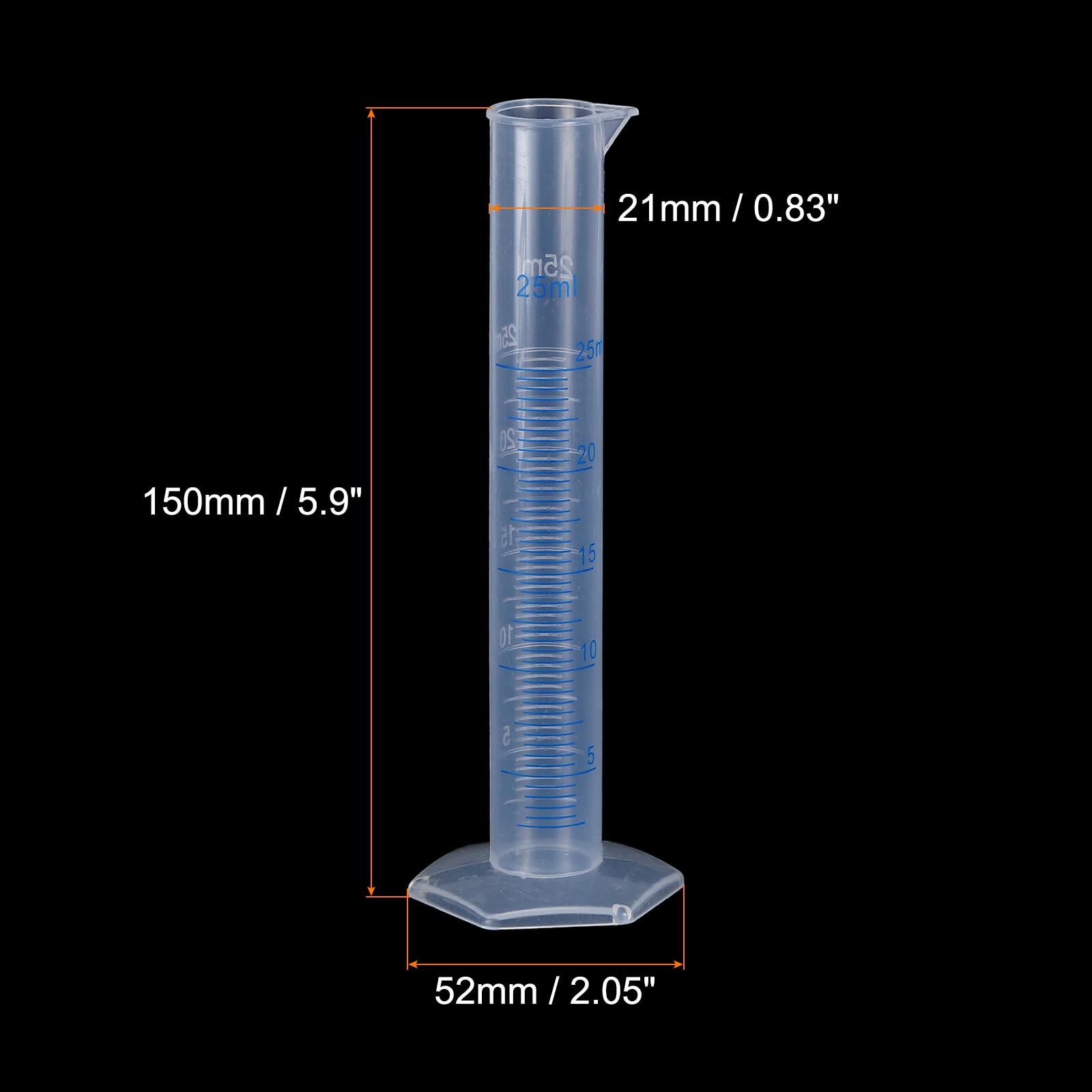 QUARKZMAN Cilindro Graduado de Plástico 25ml Medidor Tubos de Ensayo Base Hexagonal Transparente 10 Unidades