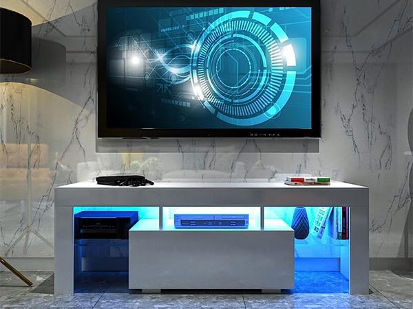 LED TV Stand for 32–55 Inch TVs – 51" Modern Entertainment Center with RGB Lights, Glass Shelves & Large Storage Cabinet, White Media Console for Living Room or Bedroom Setup - Image 7