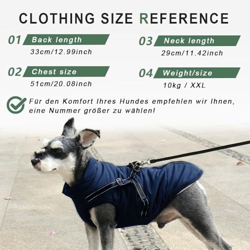 Voarge Hundejacke Winterweste Jacken, Hundemantel mit Geschirr für Kleine Hunde Hundemantel Wasserdicht Maschinen Waschbarer Reflektierender Streifen Design Haltbarer D-Ring (Blau, L)