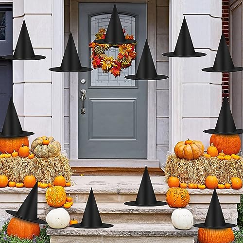 12 Pcs Halloween Decorations Witch Hat Thickened Black Witch Hats Bulk Costume Accessory Hanging Wizard Hat with Rope Floating Witches Hats for Porch Yard Indoor Outdoor Decor Party Supplies