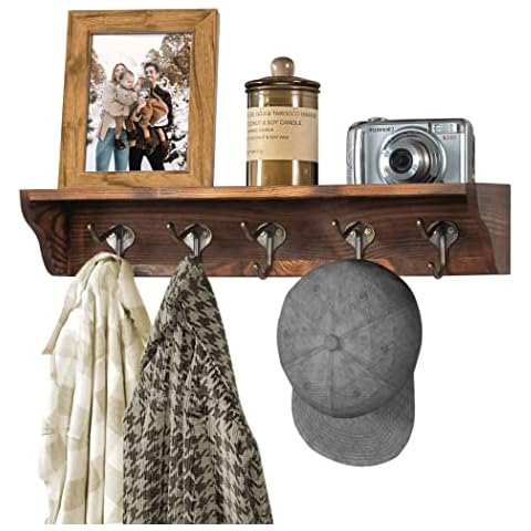 Lavievert Coat Hooks Wall Mounted, Hanging Entryway Shelf Farmhouse Mounted Coat Rack with Display Shelf and 5 Vintage Metal Hooks for Hallway, Kitchen, Living Room, Bathroom - Rustic Brown Cover