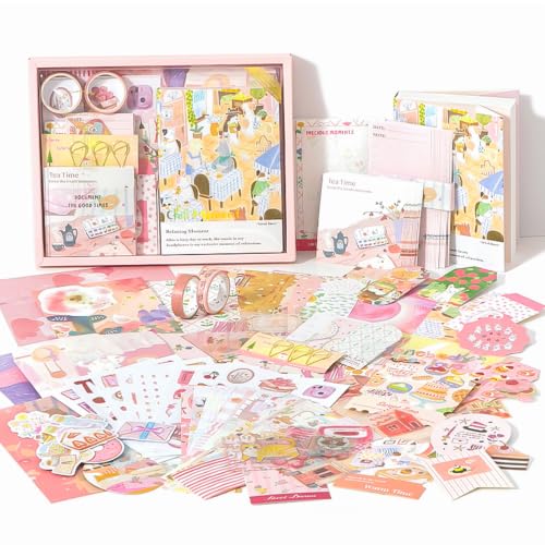 Image of The AutoStory Vintage Scrapbook Album Kit - A6 Junk Journal Notebook with Aesthetic Stickers, Collage Paper Pack & Washi Tape - DIY Journaling Supplies Gift for Teens & Girls (Chill Moment, Pink)