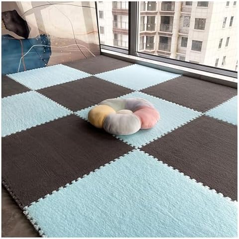 24x24 Interlocking Foam Carpet Tiles - 10pcs Fluffy Plush Puzzle Play Mat for Bedroom & Playroom, Light Blue & White Border, Soft Floor Mat (60x60x1cm)