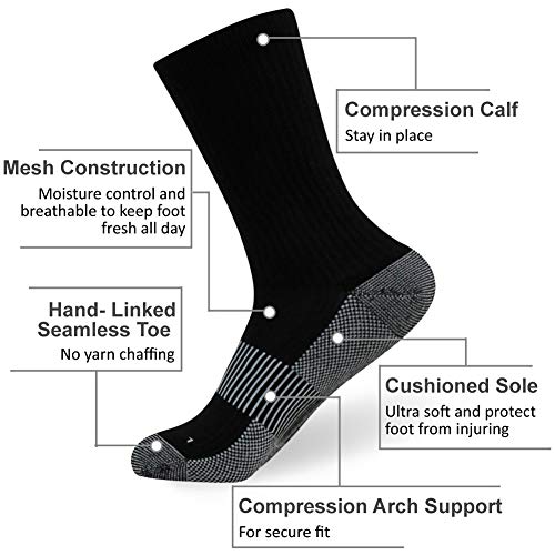 Copper Socks For Men, Women Footplus Mid Calf Arch Support Moisture Wicking Running Cross Cushioned Sole Anti Odor Hiking Camping Trekking Mountain Climbing Socks, 6 Pairs All Black Fit, Large #TOP3