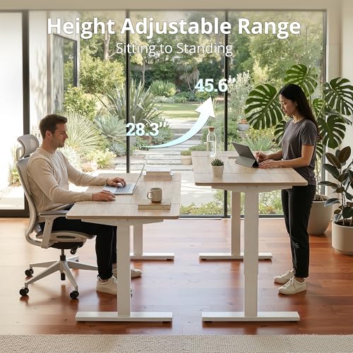 Image of TIQLAB Electric Height Adjustable Standing Desk 71 * 30 inch, Sit Stand Desk with Splice Board, Memory Controller, White Frame & Maple Top Computer Workstation for Home Office