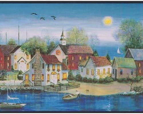 Chesapeake PC95091B Country Houses Wallpaper Border, Blue & Black