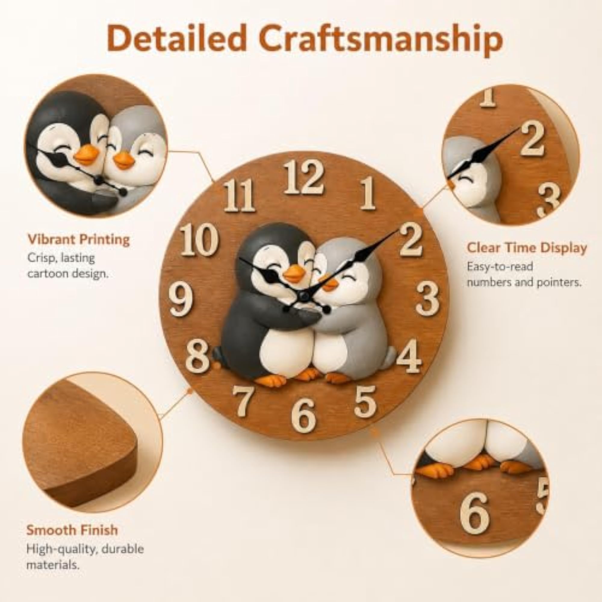 Animal Wall Clock, Adorable Penguin Design
