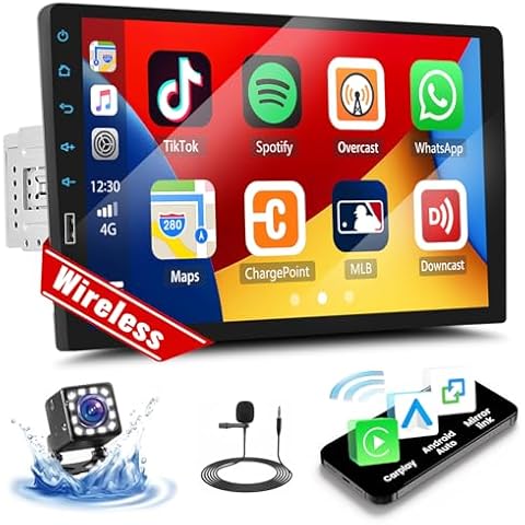 UNITOPSCI 9 Inch Single Din Wireless Apple CarPlay Android Auto Car Stereo Touch Screen Bluetooth FM Car Radio Receiver Mirror Link USB Playback DVR Input with Backup Camera Mic Cover