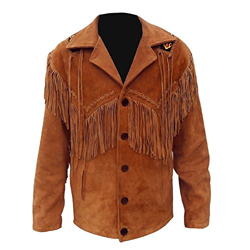 Classyak - Abrigo de piel con flecos y cuentas para hombre Marrón Ante Marrón XL (pecho 112/117 cm)