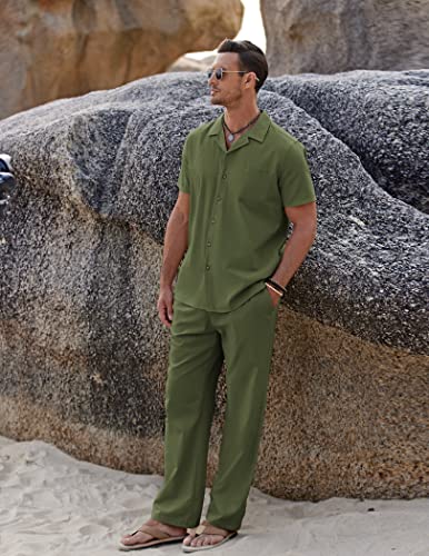Image of COOFANDY Men 2 Piece Linen Outfit Beach Button Down Shirt Casual Loose Pant Sets