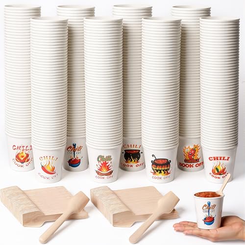 Afarnook 800 Pcs 7 oz Chili Cook off Cups Sets 400 Disposable Chili Tasting Cups 400 Wooden Spoons for Mexican Cook off Party Decorations Supplies (White)