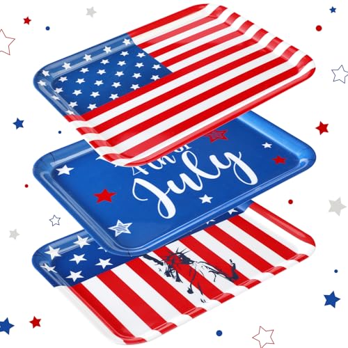 3 Pcs Patriotic Serving Tray and Platter 13x10'' 4th of July Plastic Platter Reusable Memorial Day Plate Red White Blue Rectangle American Flag Candy Dish for Food 250th Anniversary P...