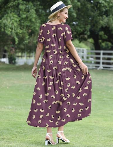 Image of YESNO Women Casual Loose Bohemian Floral Dress with Pockets Short Sleeve Long Maxi Summer Beach Swing Dress EJF