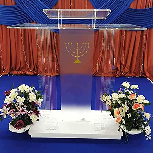 Iglesia de púlpito de Atril de acrílico, candelabro Dorado, Escritorio móvil portátil con Soporte de podio Transparente, podio rodante para Maestros, podio de pie para Bodas, oficinas y aulas