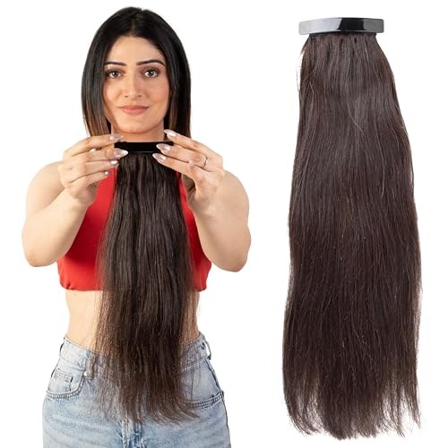 Image of Capilus Flat Clip-In Ponytail Hair Extensions (Brown, 14 Inch) | 100% Natural Human Hair | Changeable Clip | Instant Volume & Length | Original Human Hair Ponytail Extension for Women