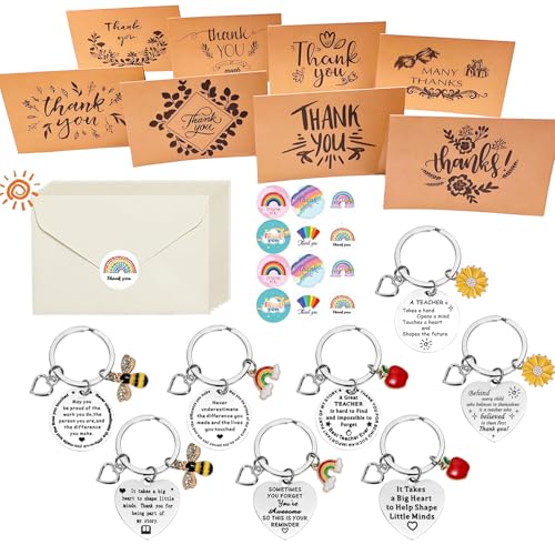 Thank You Teacher Gifts 8PCS Thank You Cards with Keychains Envelopes Best Teacher Gifts for Women Men Teachers Colleagues Classmates Thanksgiving Teaching Graduation Gifts