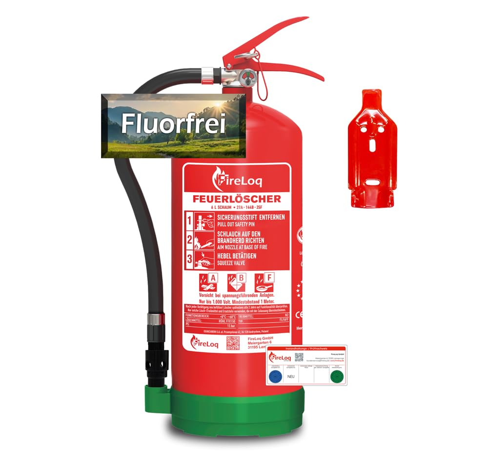 6L Fettbrand Feuerlöscher fluorfrei für Brandklasse ABF mit 27A 144B 25F inkl. Prüfnachweis,Wandhalter und Manometer