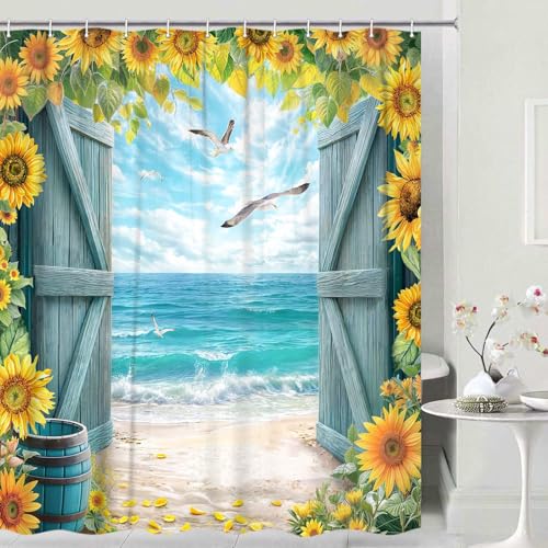 Image of Blue Beach Barn Door Shower Curtain, Ocean Coastal Seaside Shower Curtains, Rustic Sunflower Farmhouse Wood Plank Western Retro Nature Plant Waterproof Fabric Bathroom Curtain Sets with Hooks