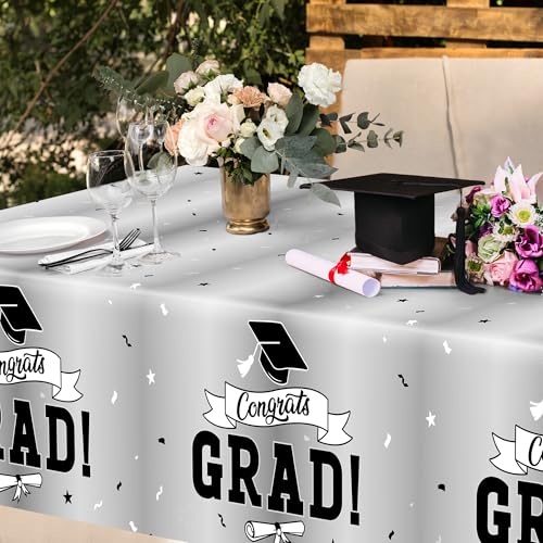 Image of 2 Pcs 2026 Graduation Table Decorations, 108 inch X 54 inch Silver Graduation Table Cloths, Rectangle TableCovers for Grad Party Supplies, Disposable Plastic Tablecover for Class 2026 Congrats Grad for Kids