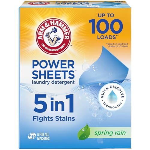 Image of ARM & HAMMER 5-in-1 Power Sheets Laundry Detergent, Spring Rain, 50 Count, up to 100 Small Loads