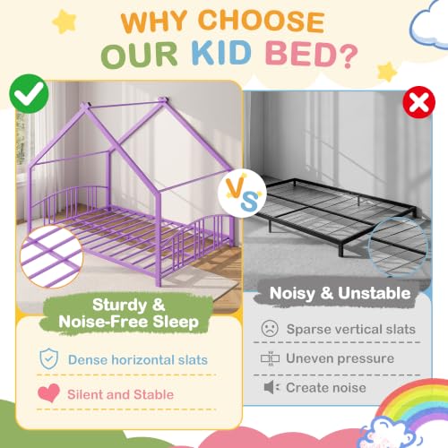 Image of Garvee Full Size Metal House Bed Frame for Kids, Purple