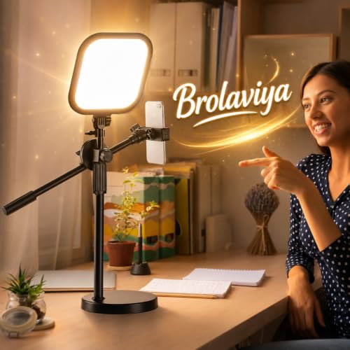 Image of BROLAVIYA Overhead Phone Stand with LED Fill Slab Light, 360 Rotating Phone Holder, Desk Stand for Reading, YouTube, TikTok, Reels, Cooking Videos, Recording & Content Creation