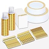 350 Pieces Gold Plastic Dinnerware Set Disposable ( 50 Guest) - 100 Gold Lace Plastic Plates,150 Gol