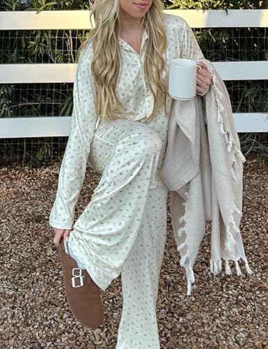 Women 2 Piece Floral Pajama Set Button Down Long Sleeve Wide Leg Fruit Set Cute Pjs Y2K Loungewear Sleepwear S-XL2