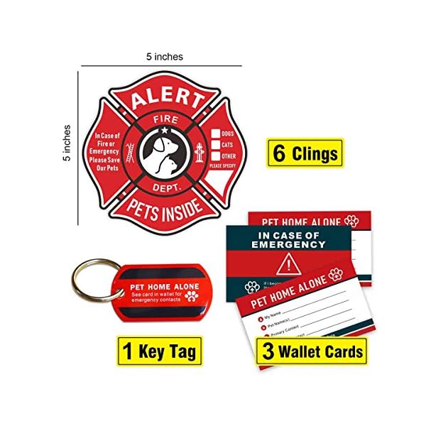 Pet Alert Stickers Static Cling Window Decals Emergency Pets Rescue Sign (6 Pack) with Bonus: Pet Home Alone Wallet Card & Key Tag - NO Adhesive, Removable, UV Resistant – Bild 3