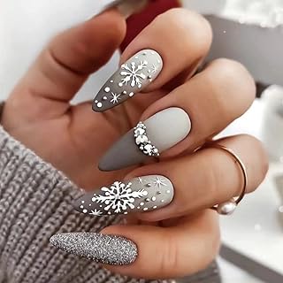 White Snowflake Fake Nails Christmas Press on Nails Medium Length Matte Almond Acrylic Nails Gradient Gray Coffin Artificial Full Cover Glue on Nails with Glitter Rhinestones Design for Women 24Pcs