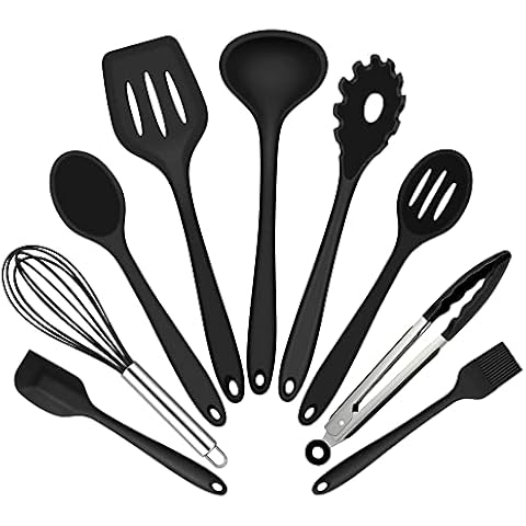 Küchenhelfer Set, Joyfair 9 Stück Schwarz Küchenutensilien Silikon, Hitzebeständiges Kochutensilien Kochgeschirr Set mit Pfannenwender Schneebesen Grillzange, Antihaft Kochbesteck zum Kochen & Backen Cover
