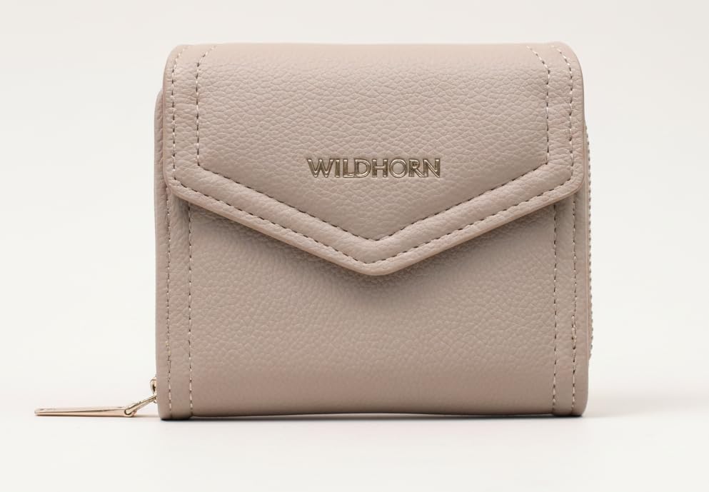 Image of WildHorn Women's Wallet | Premium Vegan Leather Ladies Purse with Zip Coin Pocket & Snap Button | Compact Wallet with Card Slots & ID Window (Beige)