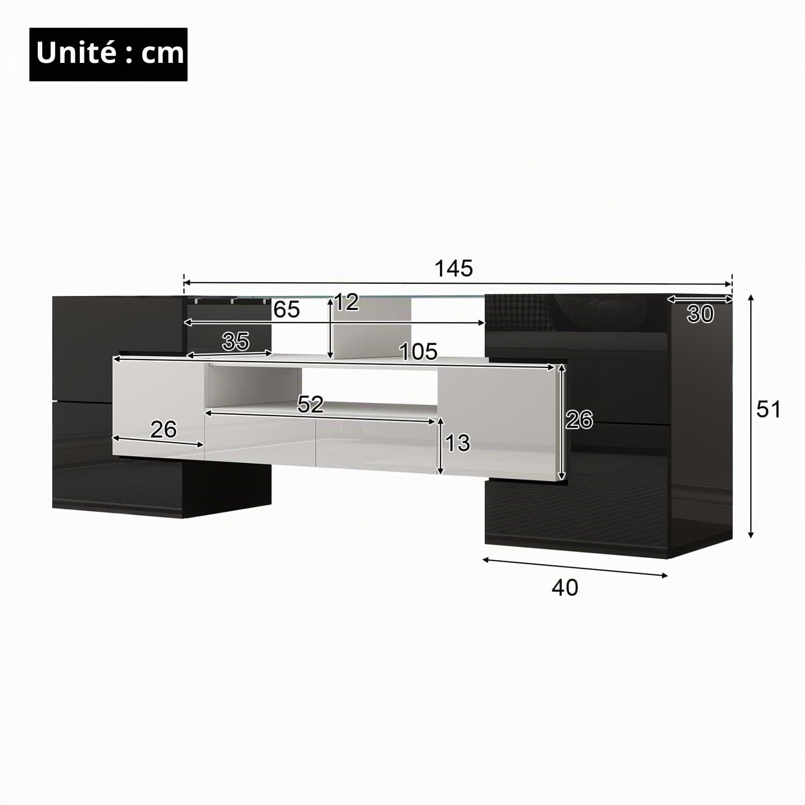 KOMHTOM Meuble TV Moderne avec 6 Portes et 2 Tiroirs, Meuble de Salon avec éclairage LED, pour Salon, Salle à Manger et Chambre à Coucher