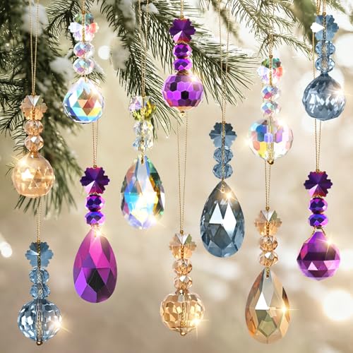 MEIVINES 12PCS Christmas Tree Crystal Balls Ornaments 20mm Glass Christmas Baubles Prism Balls Suncatcher Crystal Xmas Tree Decorations Rainbow Hanging Glass Ornaments for Xmas Party Home Decor