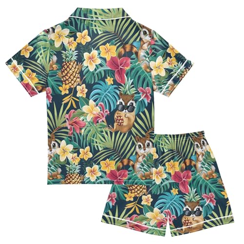 ALAZA Pineapple Capybara Palm Leaf Satin Pajamas Set Short Sleeve Button Down Sleepwear Summer Pjs 2 Piece2