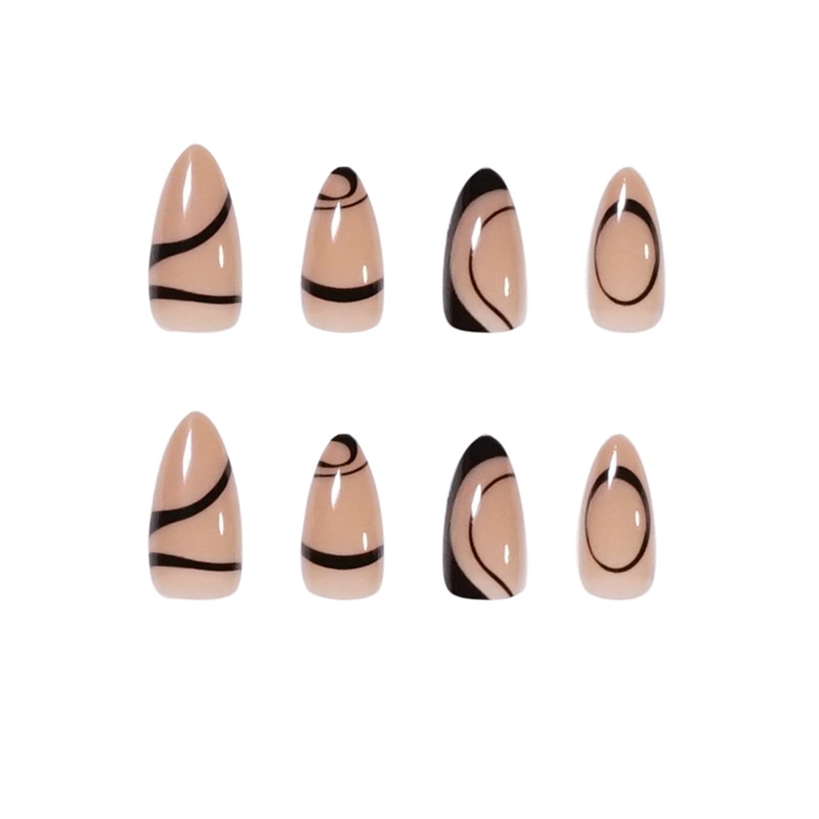 JUSTOTRY 24 Pcs Classy Swirl Almond Short False Nails,Black Press on Nails Pattern,Glossy Fake Nails Short,French Oval Medium Stick on Nail for Women and Teens Nail Art - Image 2