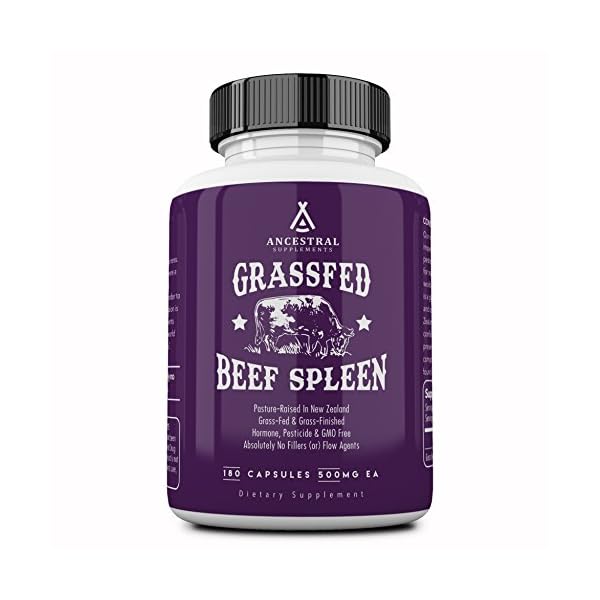 Ancestral-Supplements-Grass-Fed-Beef-Spleen-Desiccated--Immune-Allergy-Iron-5-Xs-More-Heme-Iron-Than-Liver Ancestral Supplements Grass Fed Beef Spleen Supplement, 3000mg Beef Organ Spleen Support Formula Promotes Digestive, Immune, Iron, Energy and Allergy Health, Non GMO, 180 Capsules