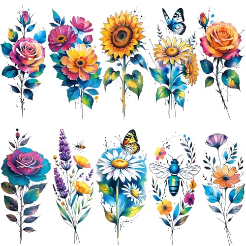 Tazimi 12 Sheets 3D Large Watercolor Flower Temporary Tattoos For