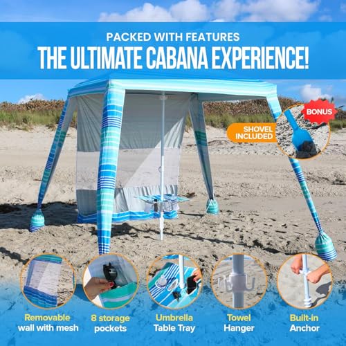Copa 6x6 Easy Up Beach Cabana - Beach Tent Sun Shelter with Privacy Wall, Beach Canopy includes Umbrella Table Tray, Towel hanger, and Sand Anchor Beach Shade (Flowers)