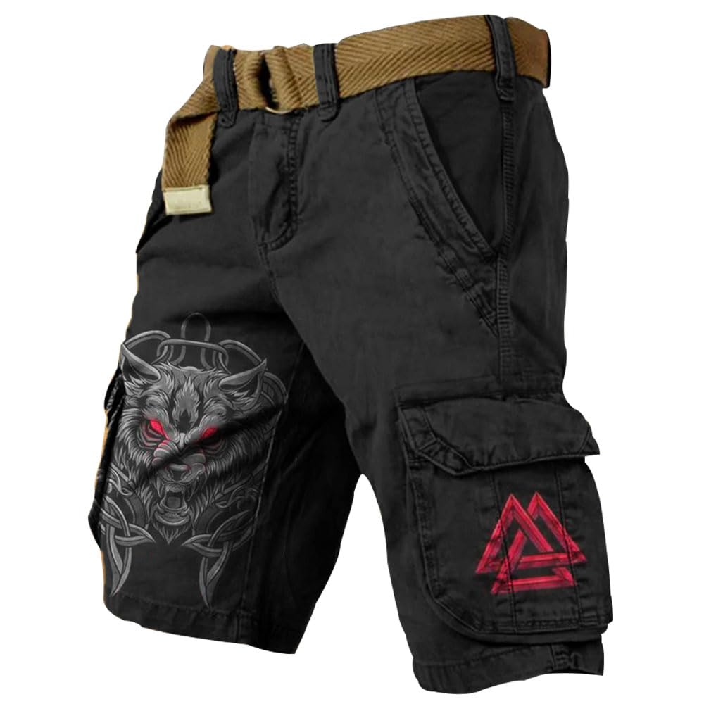 JHBTFQ Viking Shorts for Mens 3D Printed Odin Myth Travels Hiking Cargo Pants Summer Beach Trunks Nordic Gift,Fenrir Wolf,XL