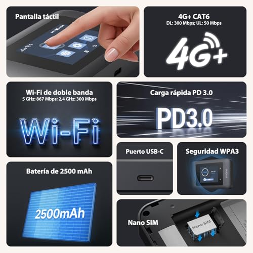 Miniatura 2 de Strong 4G+ AIRSPOT 520 Router WiFi Portátil con SIM, Pantalla a Color, 4G+ LTE CAT6 300 Mbps en Descarga, WiFi AC900Mbps, Hotspot WiFi Portátil para Viajes, Batería Recargable 2500mAh, USB-C