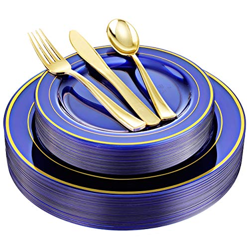 BUCLA 30Guest Clear Blue Plastic Plates With Gold Rim&Disposable Gold Plastic Silverware -Blue And Gold Disposable Dinnerware For Wedding&Parties Special for Bridal Shower