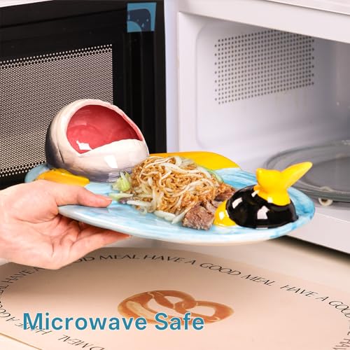 Image of Ceramic Bee Shark Taco Holder, Bee Shark Sushi Plates, Funny Handmade Kitchen Salad Plates with Dipping Sauce Bowl, Microwave /Oven /Dishwasher Safe Plate, Holiday Birthday Gifts for Sharks Party Lovers