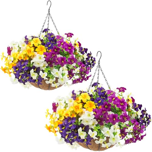2 Set Artificial Outdoor Flowers with Hanging Baskets,24 Pcs UV Resistant Faux Petunias Flowers with...